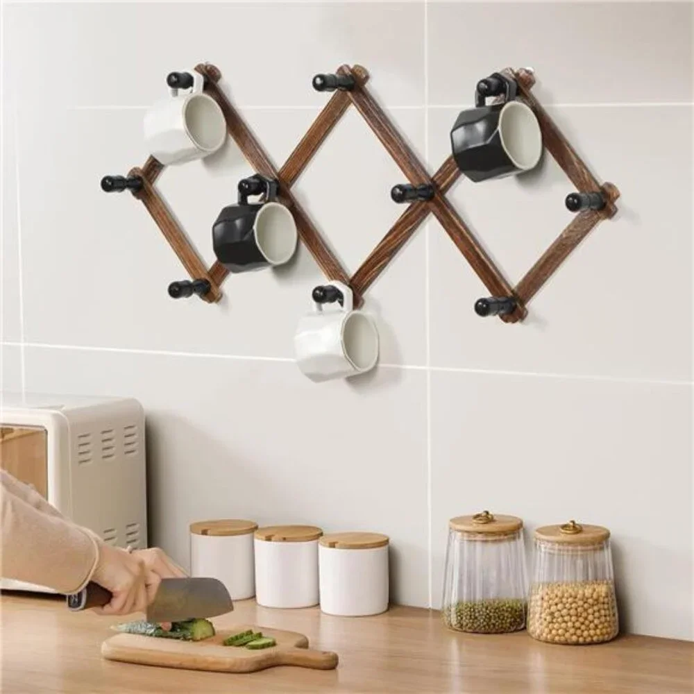 Expandable Brown Wood Wall Rack with Black Pegs - Versatile Coat & Hat Organizer